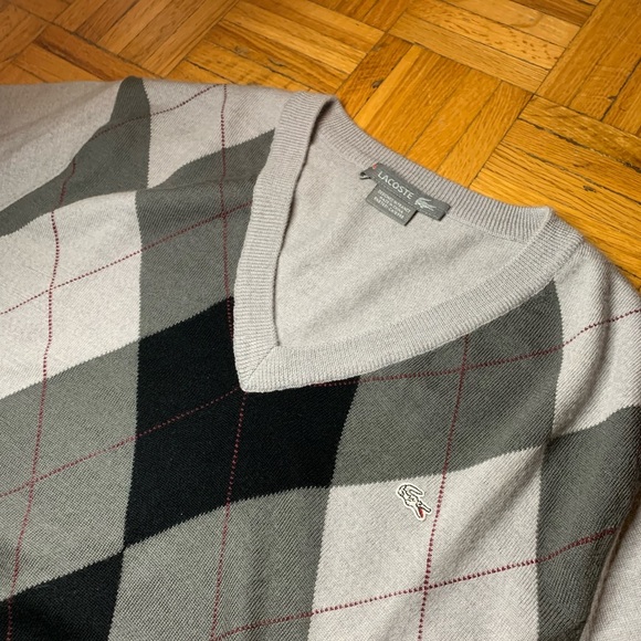 LACOSTE ARGYLE GREY AND BLACK V NECK SWEATER - Picture 3 of 8